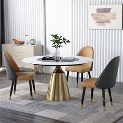 轻奢岩板餐桌 圆形内嵌式旋转小户型网红家用饭桌椅组合钛金JJ061