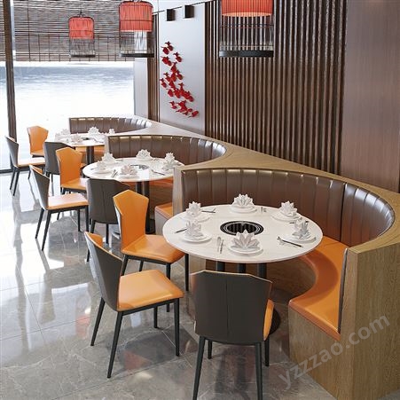 定制大理石火锅桌子商用烤肉店饭馆餐厅实木半圆卡座沙发桌椅组合